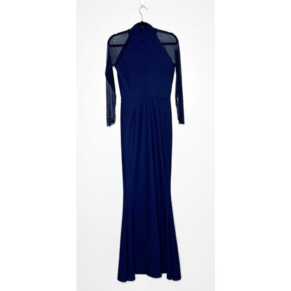 NEW Chiara Boni Maylys Mock-Neck Mesh Sleeve Illusion Gown Blue IT46 Size 10 - Picture 5 of 8